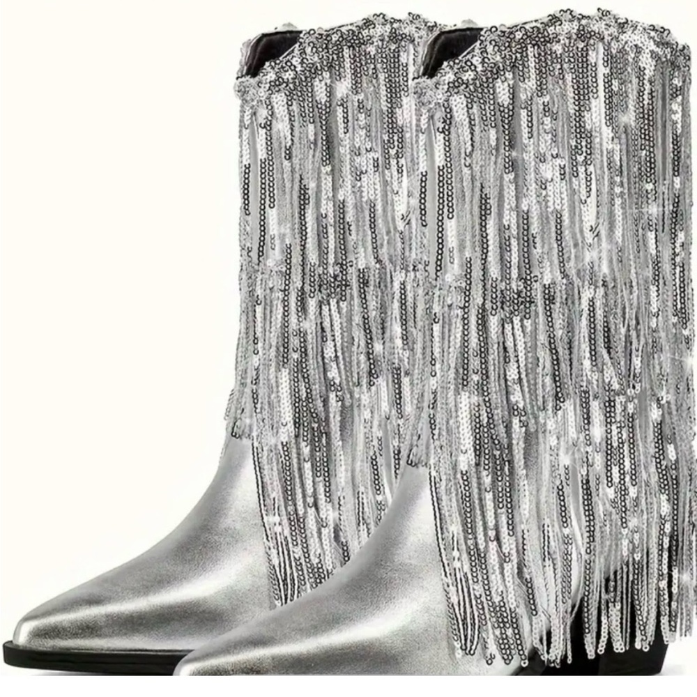 Silver Fringe Tassel Chunky Women's Boots